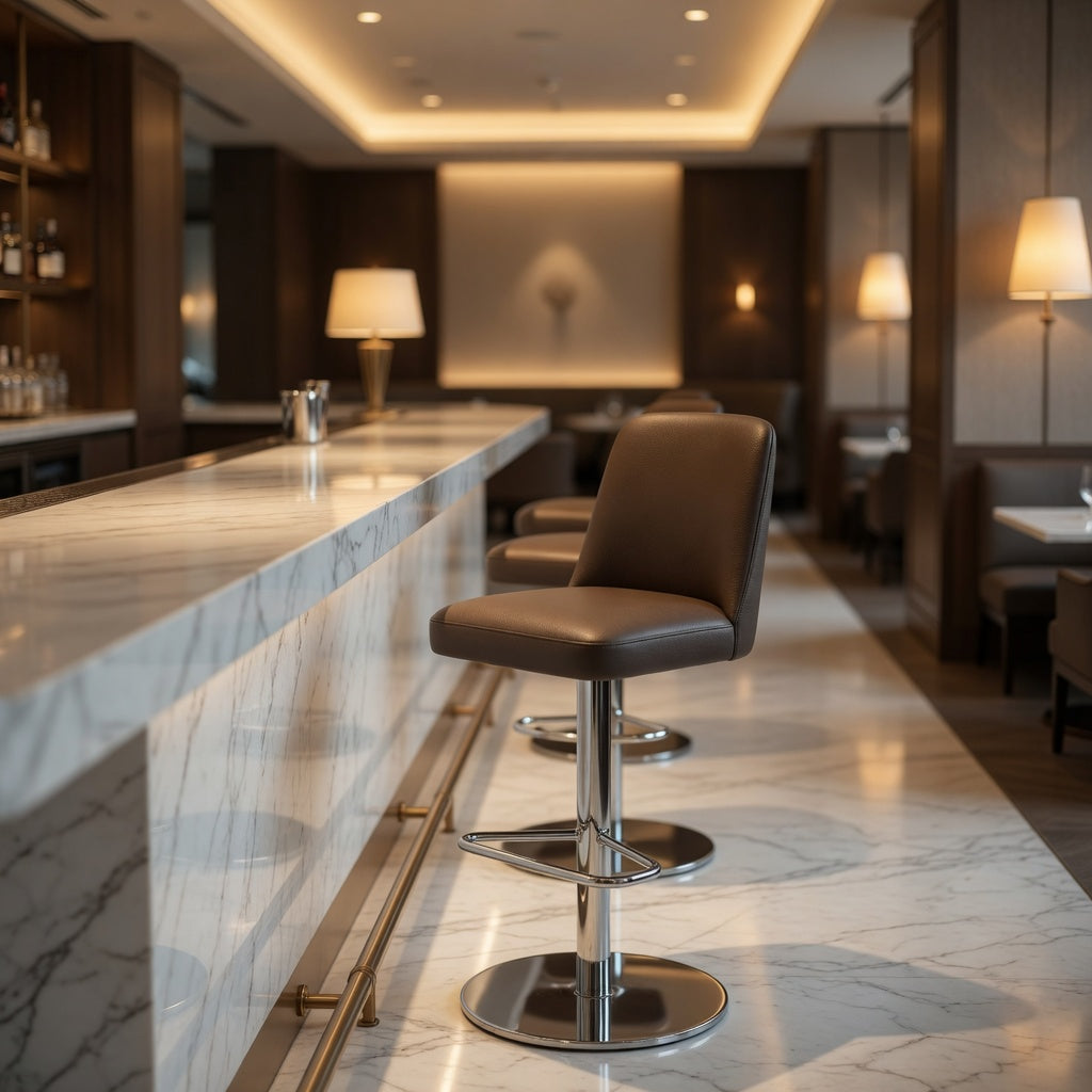 Upholstered bar stool with chrome column and brown seat