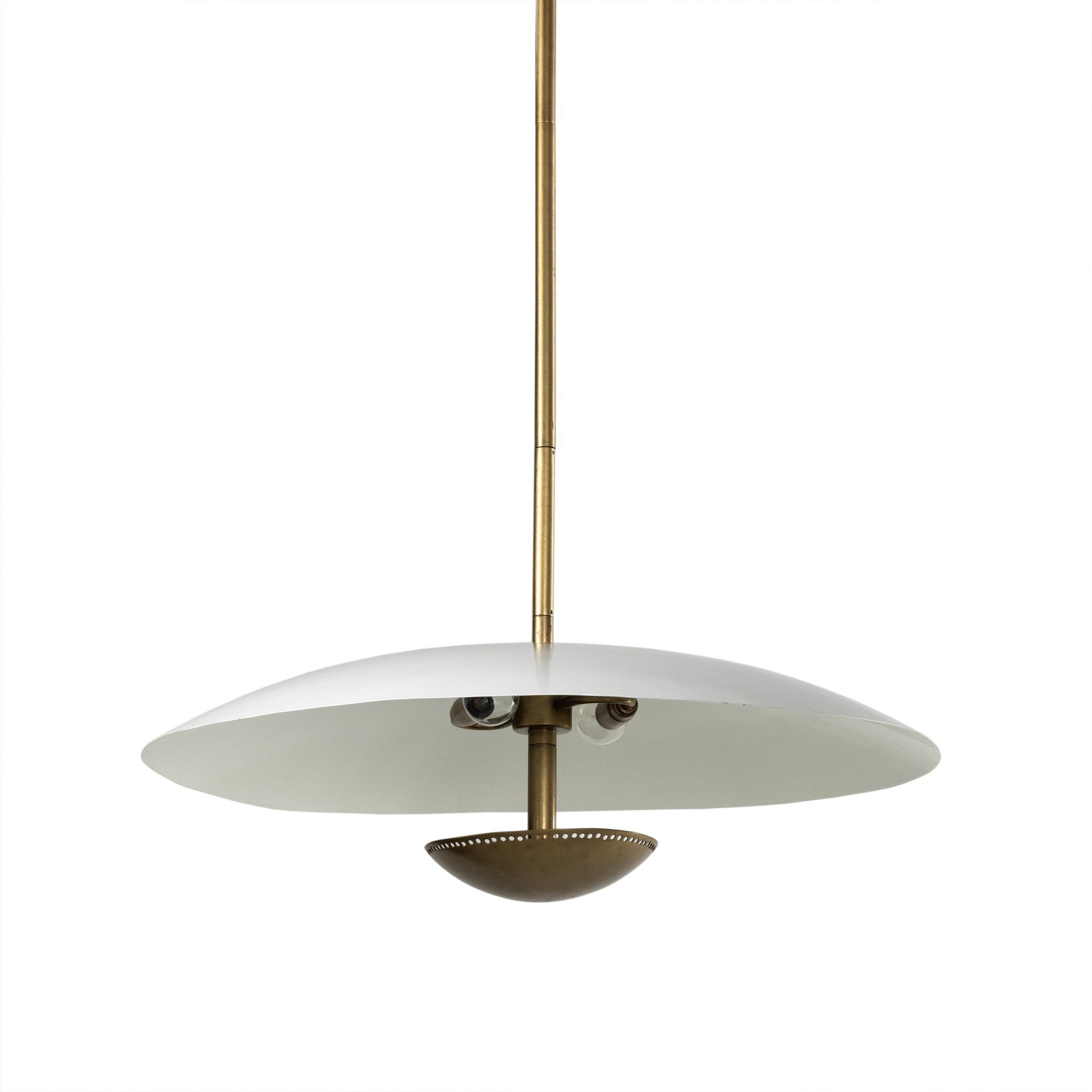 Underneath view of Oren pendant dual-mirroring half-dome design and cream finished metal shade.