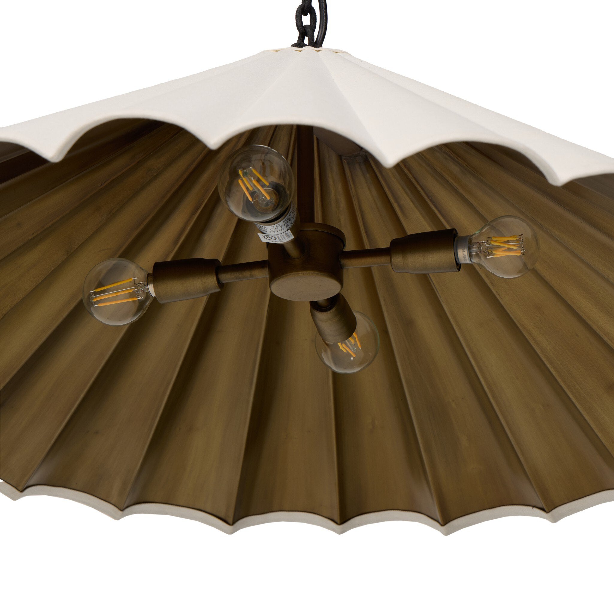 Underneath view Fiorella 34-inch scalloped cream canvas pendant light with antiqued brass interior 