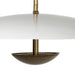 Close-up of a pendant light with brass fixture and white shade on a white background