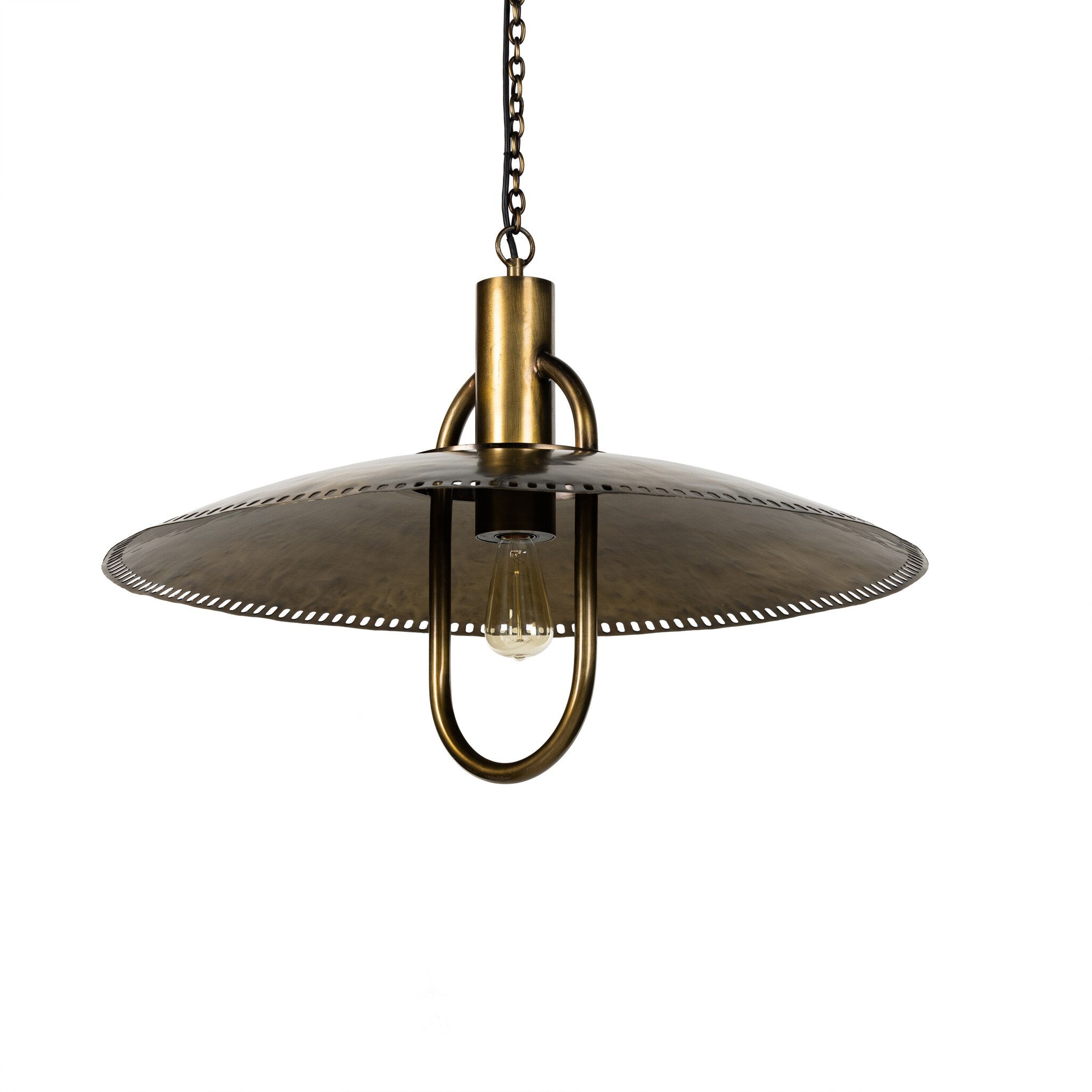 Underside of Arely 30-inch industrial pendant light in dark antique brass with perforated dome bulb detail