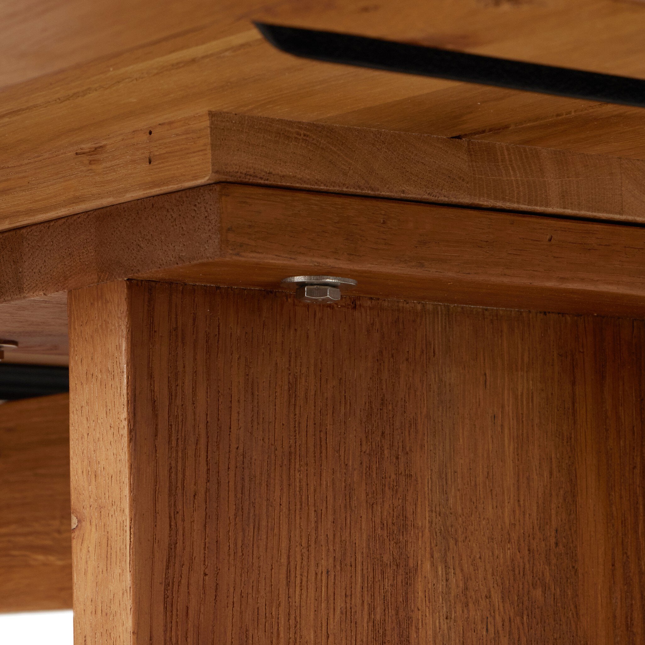 Underside detail Erie Bar Counter Table in Smoked Oak with a chunky pedestal base and modern rustic design