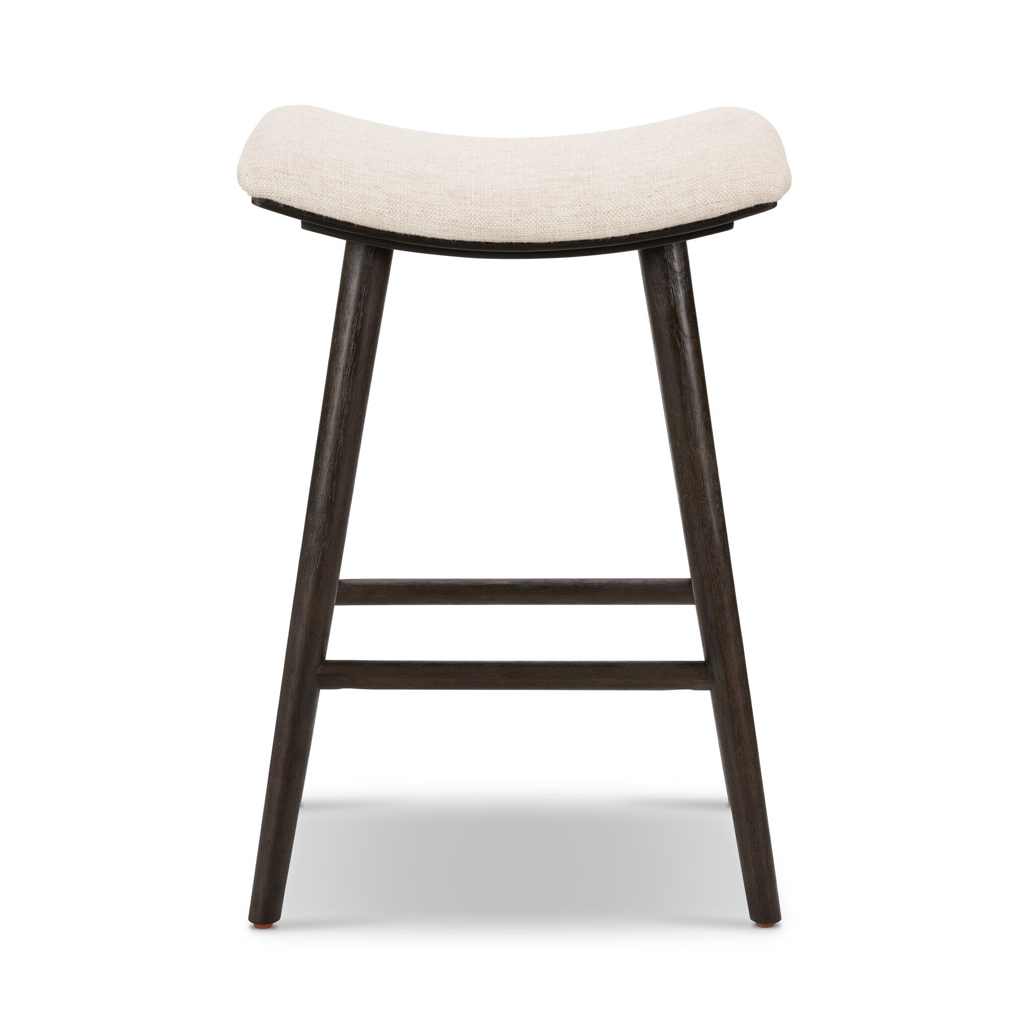 Backless natural linen counter stool with dark wood legs and lower footrest bar