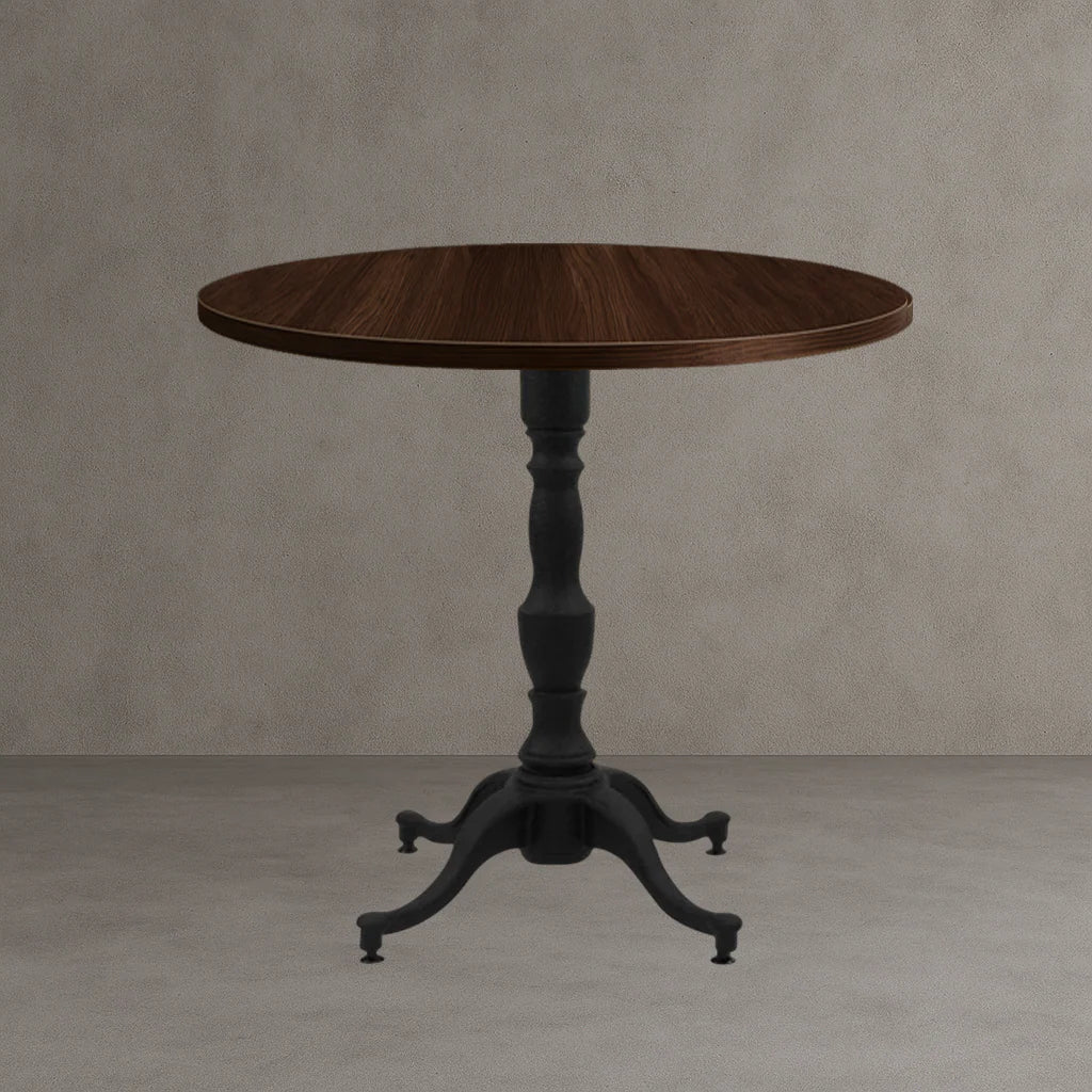 4-leg table base with dark finish and attached round wood tabletop