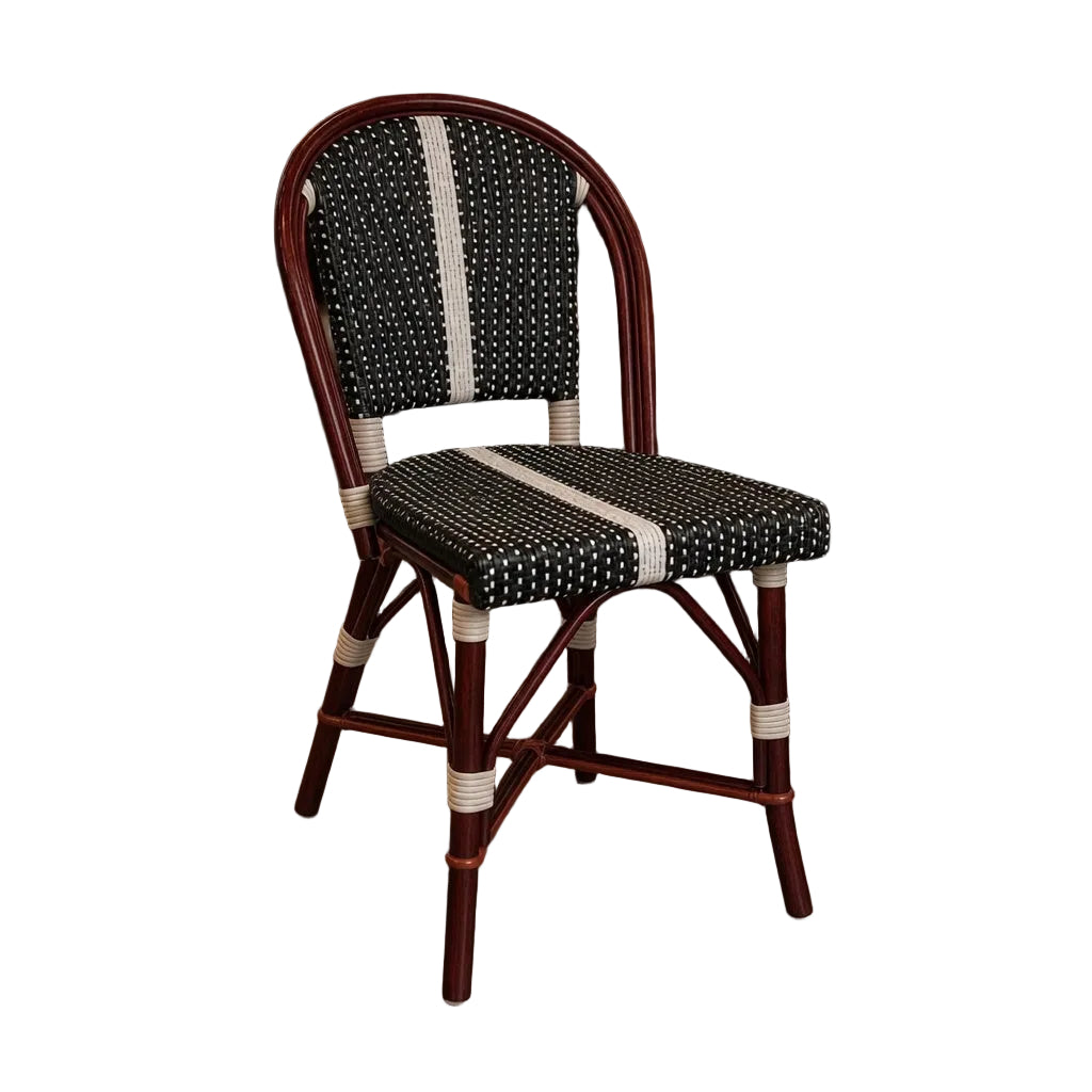 Side chair with black woven seat and back, dark wood frame, white striping.