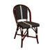 Side chair with black woven seat and back, dark wood frame, white striping.