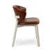 Editor side chair with brown upholstered seat and back, white legs