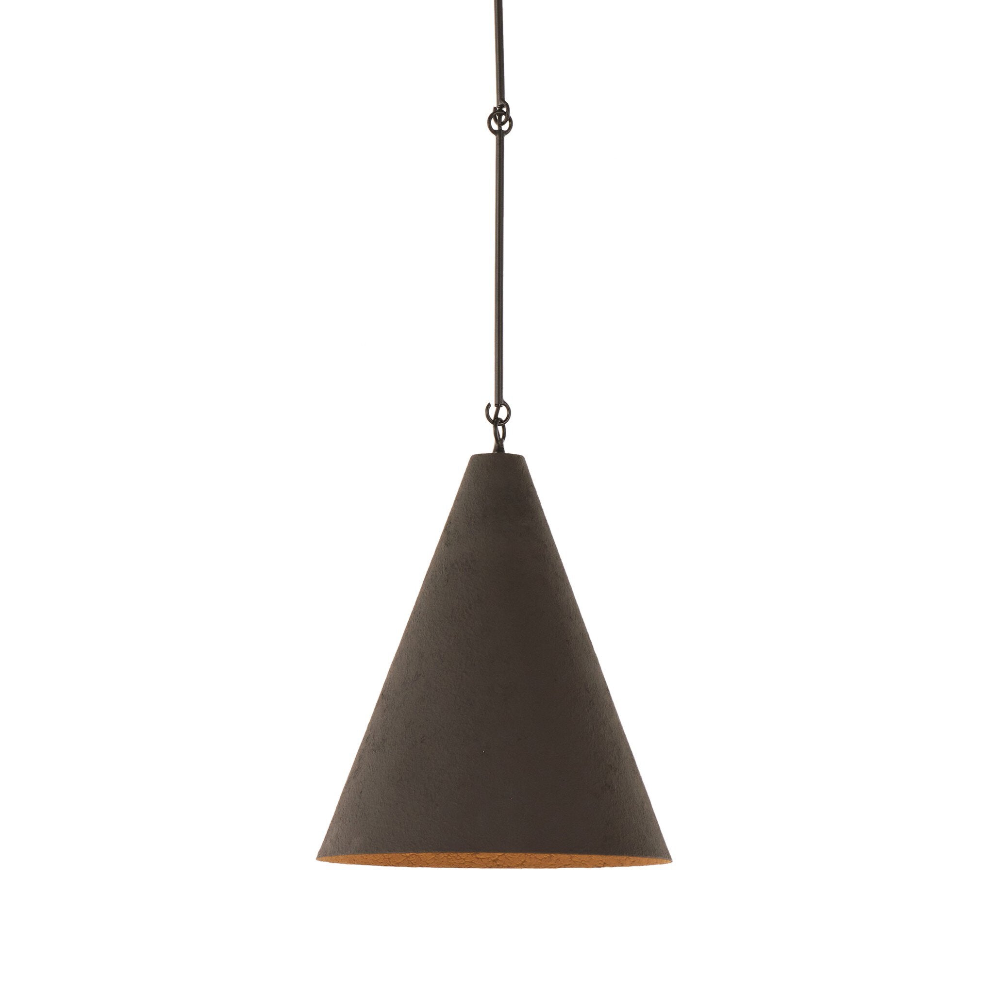 Warmly lit Grazia matte black plaster pendant light with antiqued iron hardware 