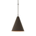 Warmly lit Grazia matte black plaster pendant light with antiqued iron hardware 