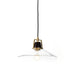 Warmly lit Novak 10-inch hand-hammered antique brass pendant light with clear glass detail 