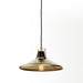 Warmly lit Novak 10-inch hand-hammered antique brass pendant light with perforated metal edge detail 
