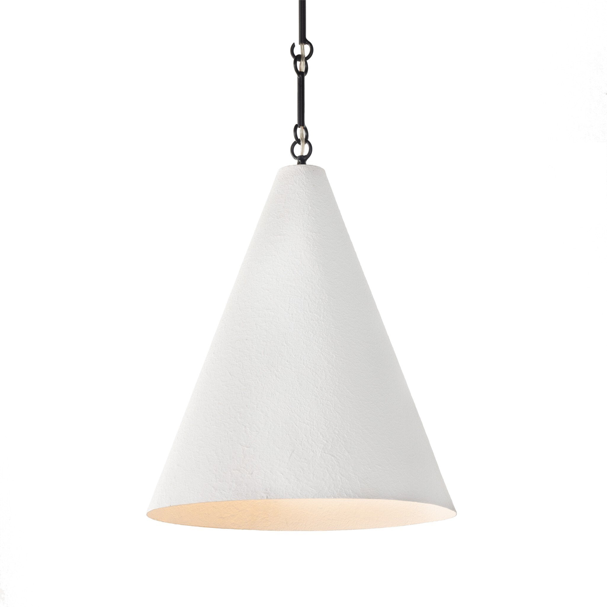 Warmly lit textured Grazia matte white plaster pendant light with antiqued iron hardware 