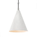 Warmly lit textured Grazia matte white plaster pendant light with antiqued iron hardware 