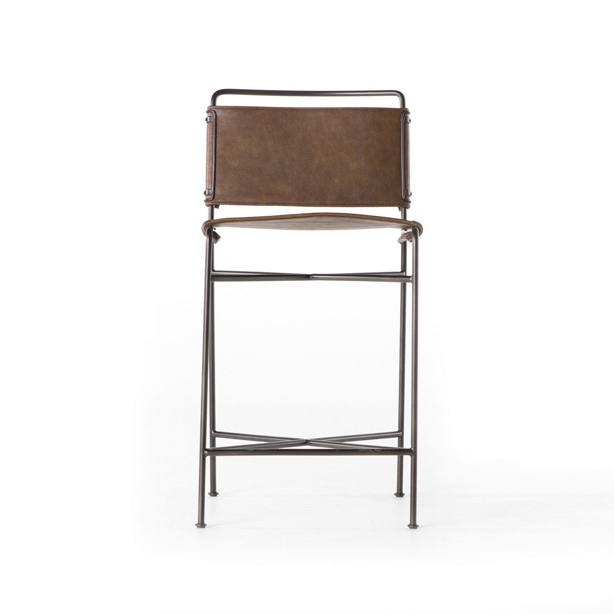 Wharton Counter Stool featuring Distressed Brown faux leather and industrial steel legs