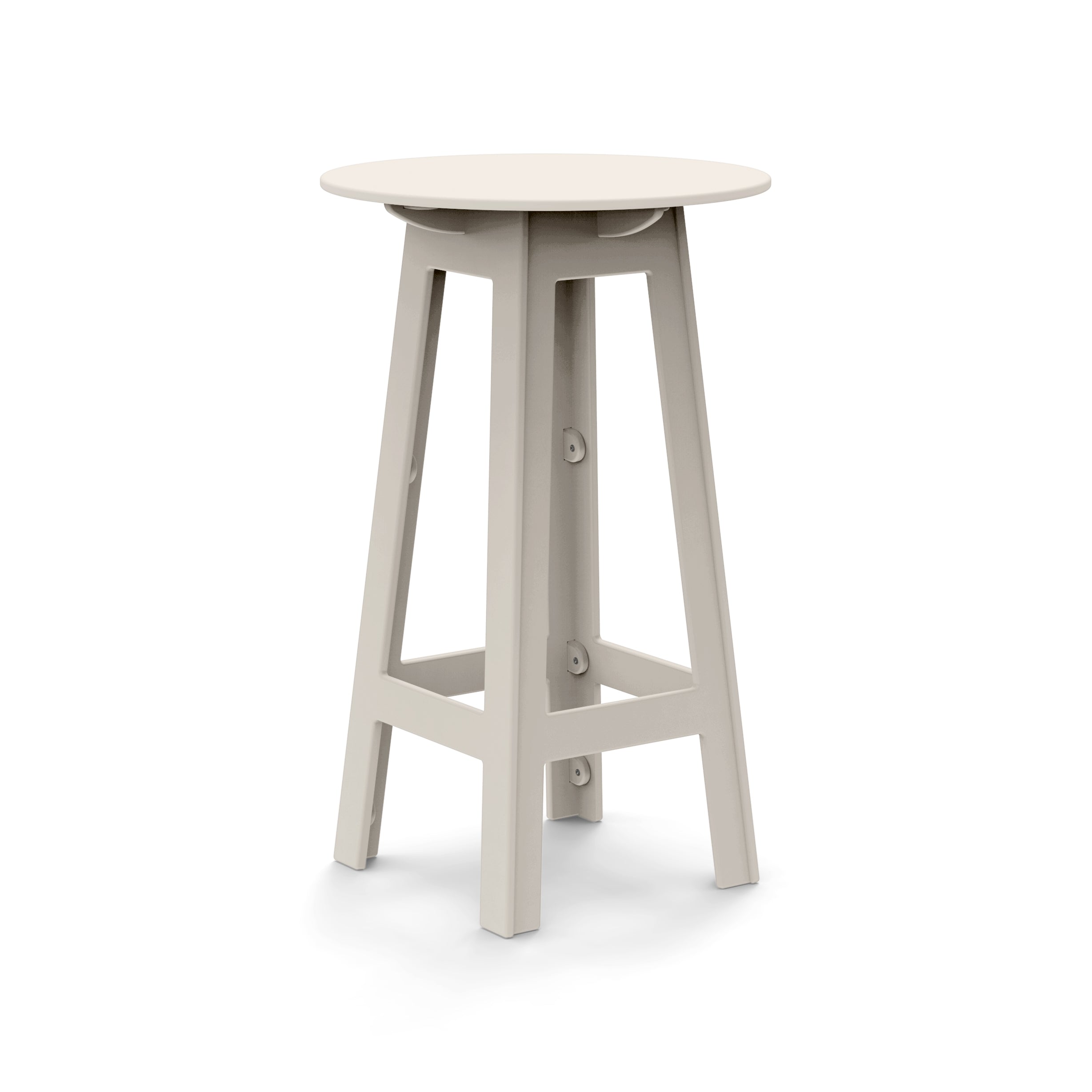 Round top bar table with light charcoal gray frame and open rectangular lower supports