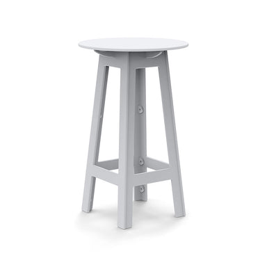 White round bar table with angled legs and open-frame cutouts