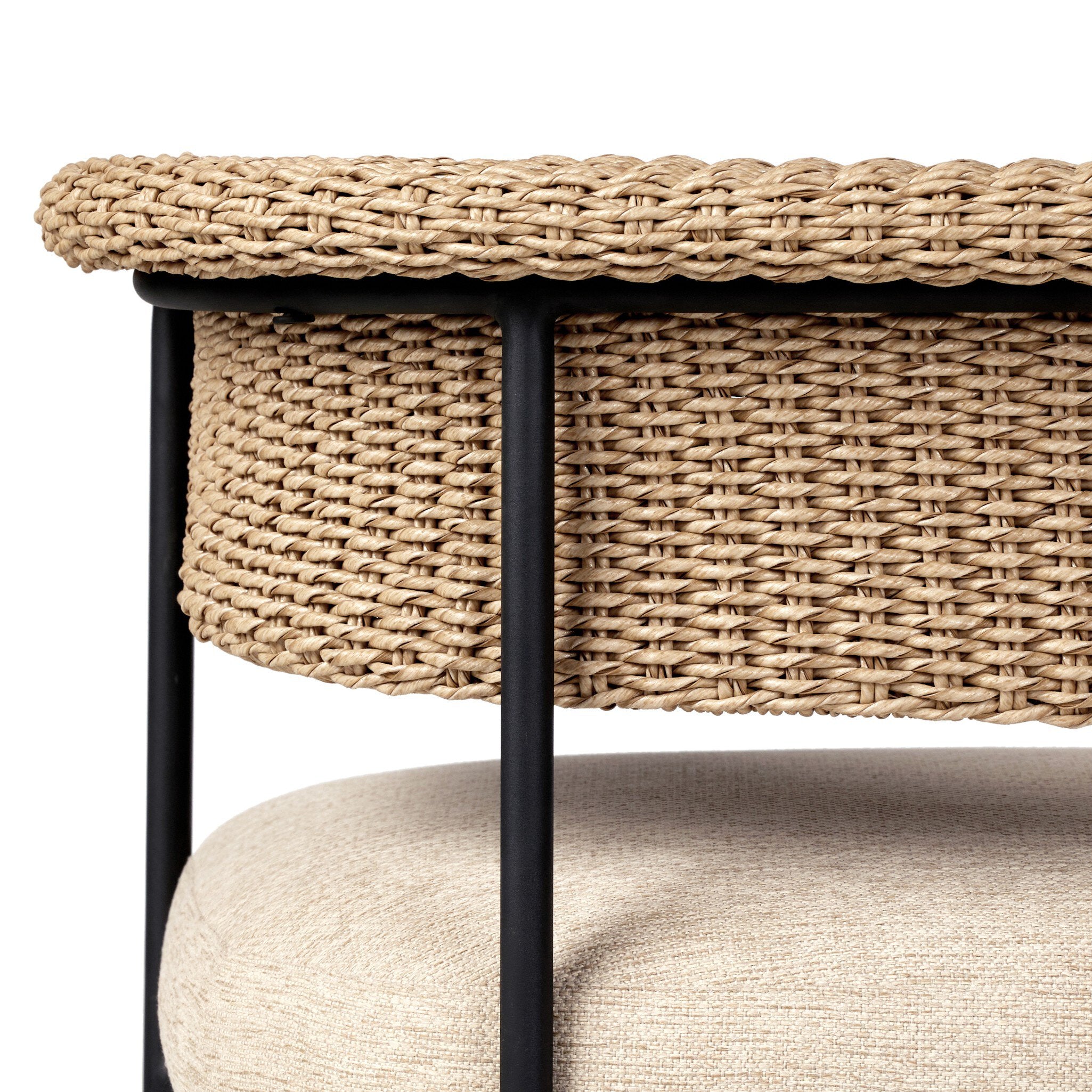 Wicker Back Detail Airy mid-century modern outdoor dining chair with a sculptural woven back for luxury restaurant and resort patios