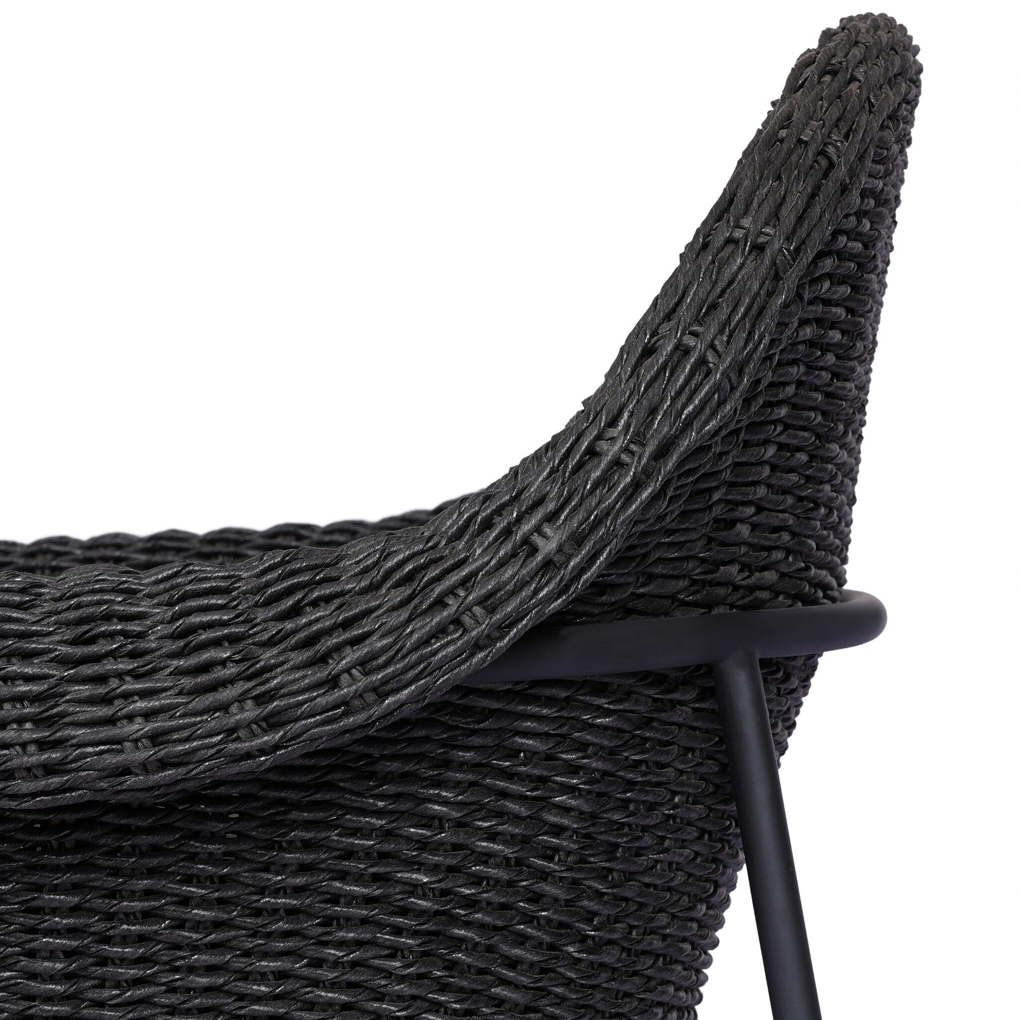 Wicker detail curved side Suerte outdoor dining chair in arashi ink with faux hyacinth weave and iron base