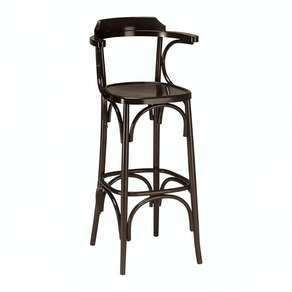 Dark wooden bar stool with scalloped back top, curved arms, and round footrest