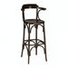Dark wooden bar stool with scalloped back top, curved arms, and round footrest