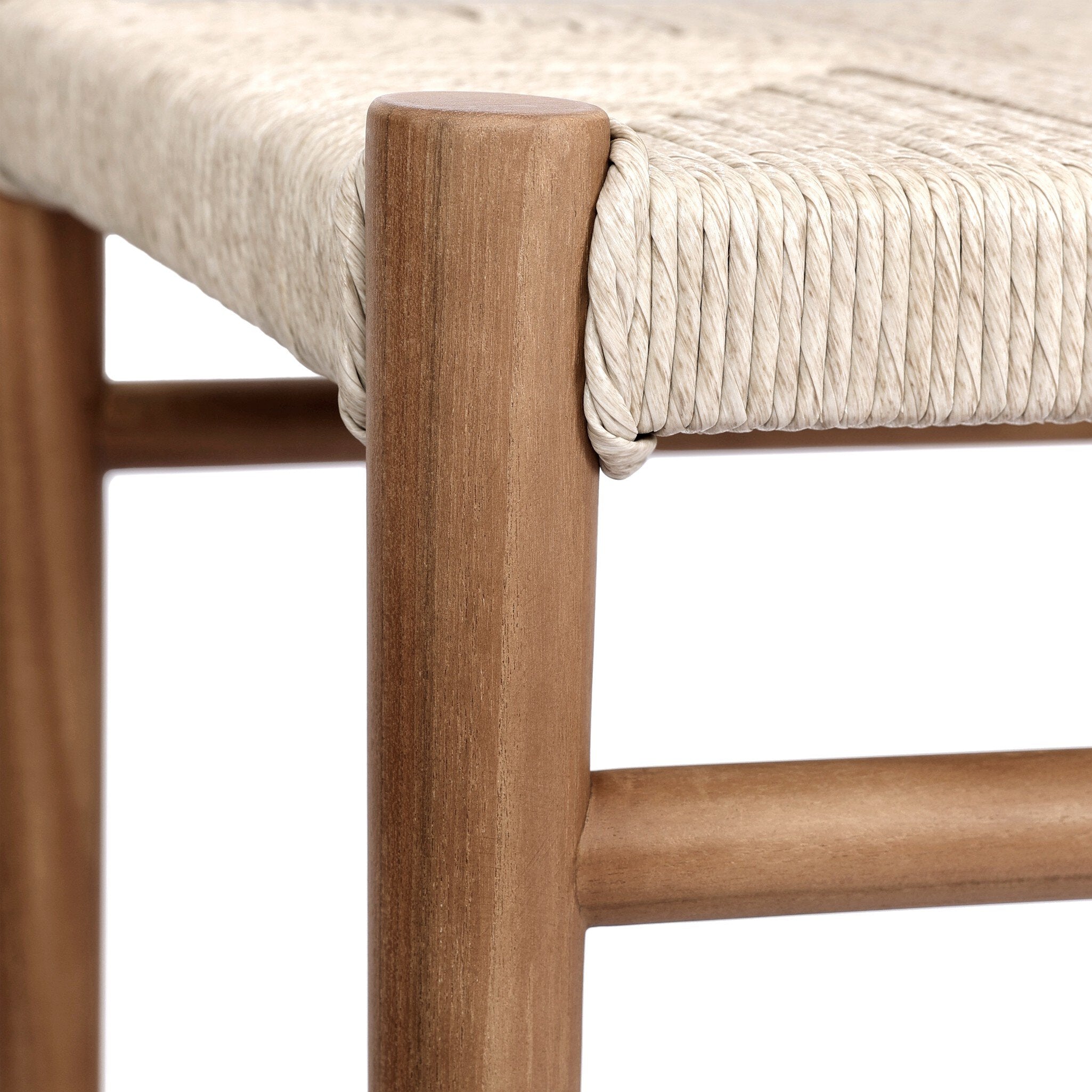 Wood arm post with vintage white woven cord wrap and horizontal support bar