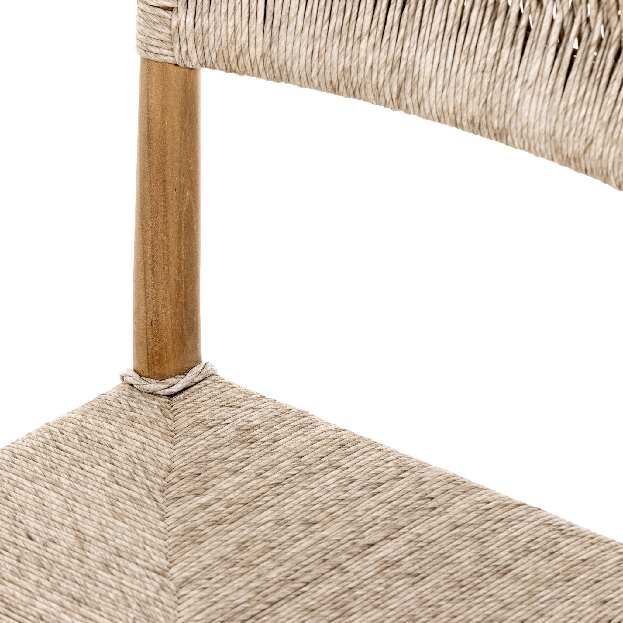 Wooden detail Lomas Outdoor Dining Chair in Vintage White woven wicker with a tapered natural teak frame