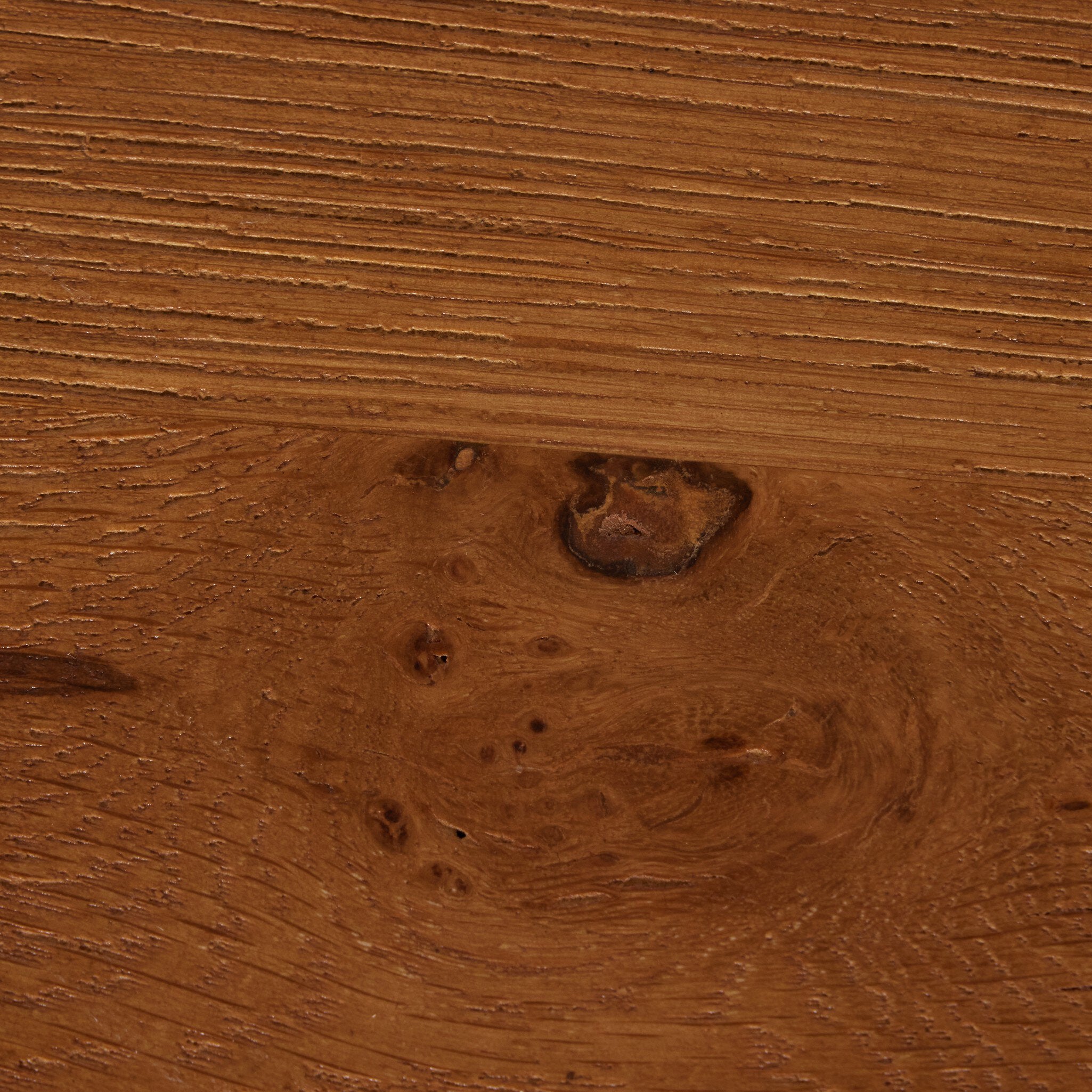 Wooden material swatch Erie Bar Counter Table in Smoked Oak with a chunky pedestal base and modern rustic design