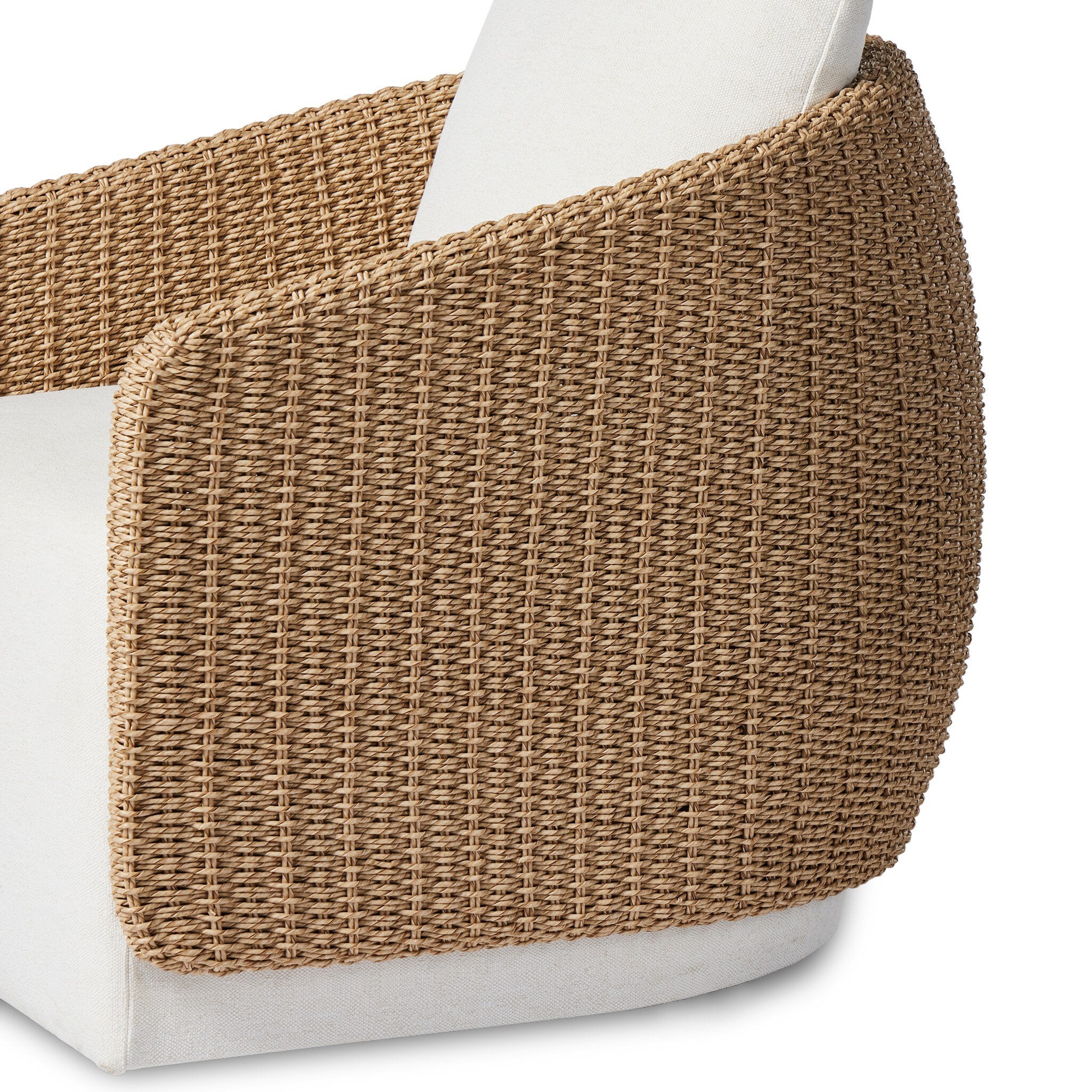 Woven Side detail Maven Outdoor Swivel Chair in Alessi Linen with a faux hyacinth woven shell and 360-degree base