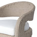 Woven Arm detail Hawkins Outdoor Dining Chair in Faye Cream with a barrel-back cutout and woven frame