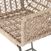 Woven arm detail Modern low-armed outdoor dining chair with white wicker weaving and a bronze industrial frame for hospitality