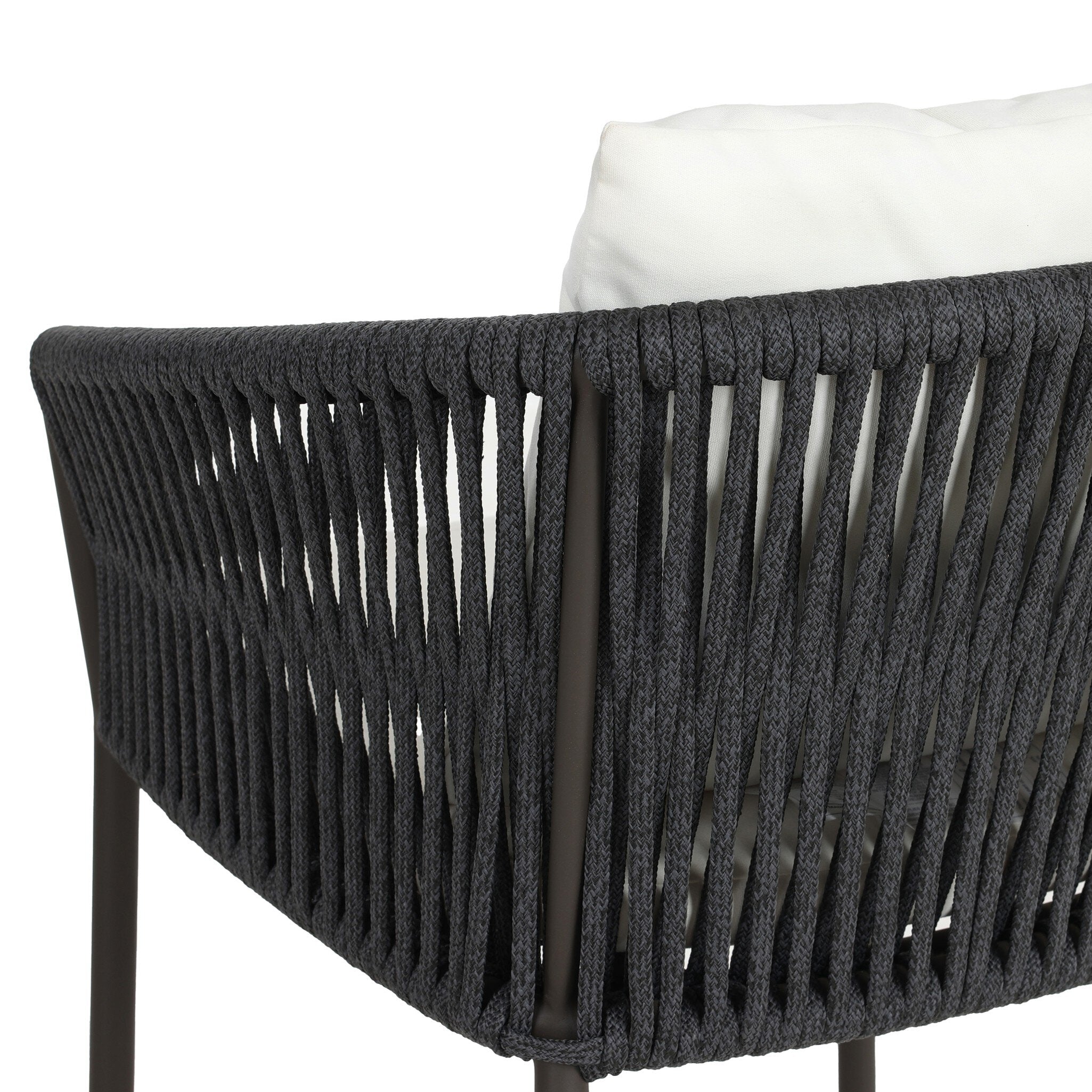 Woven detail Modern Porto Outdoor Counter Stool with Charcoal Aluminum Frame and Dark Grey Woven Rope Barrel Back