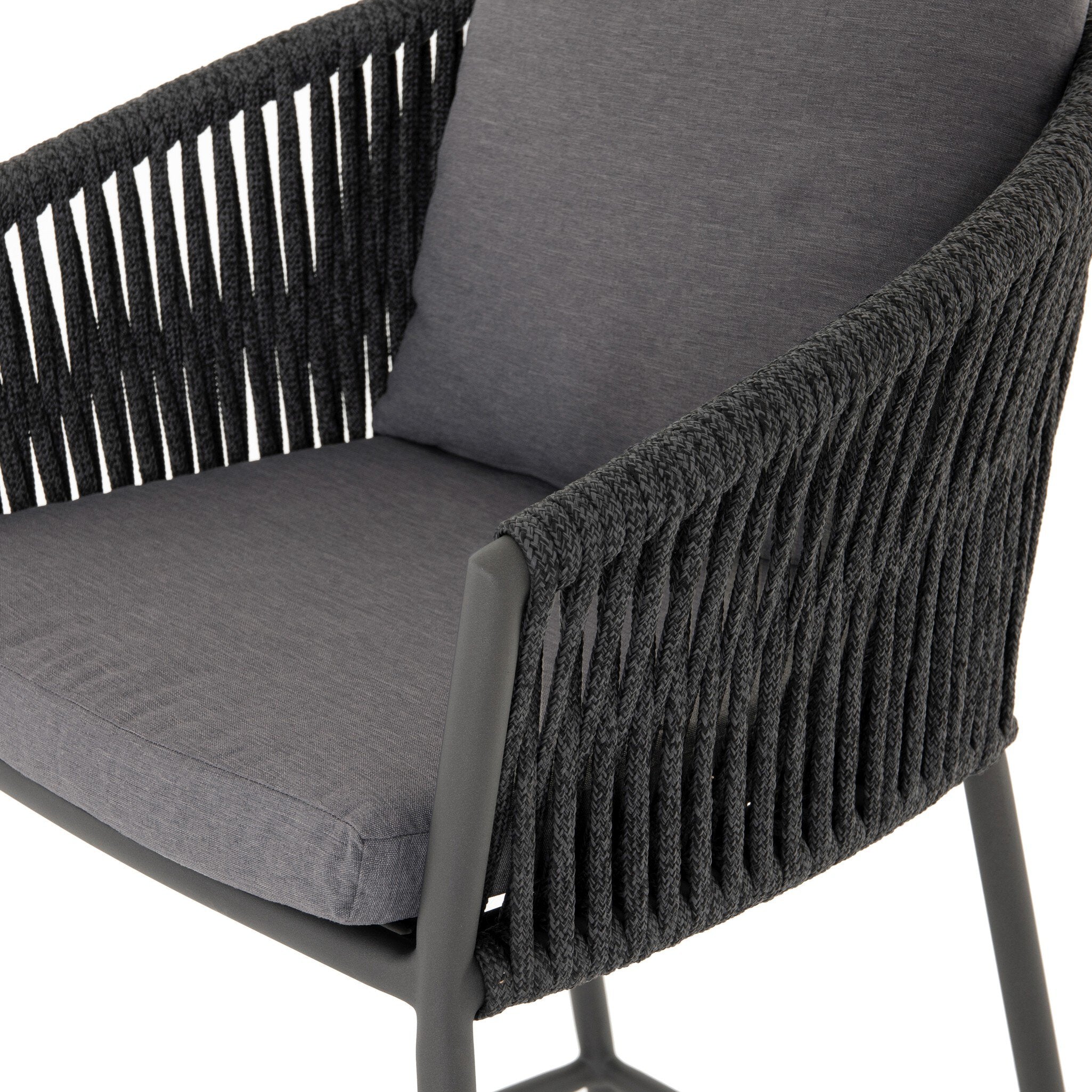 Inner cushion woven detail Porto Outdoor Bar Stool with a natural teak frame and weather-resistant grey rope-weave backrest