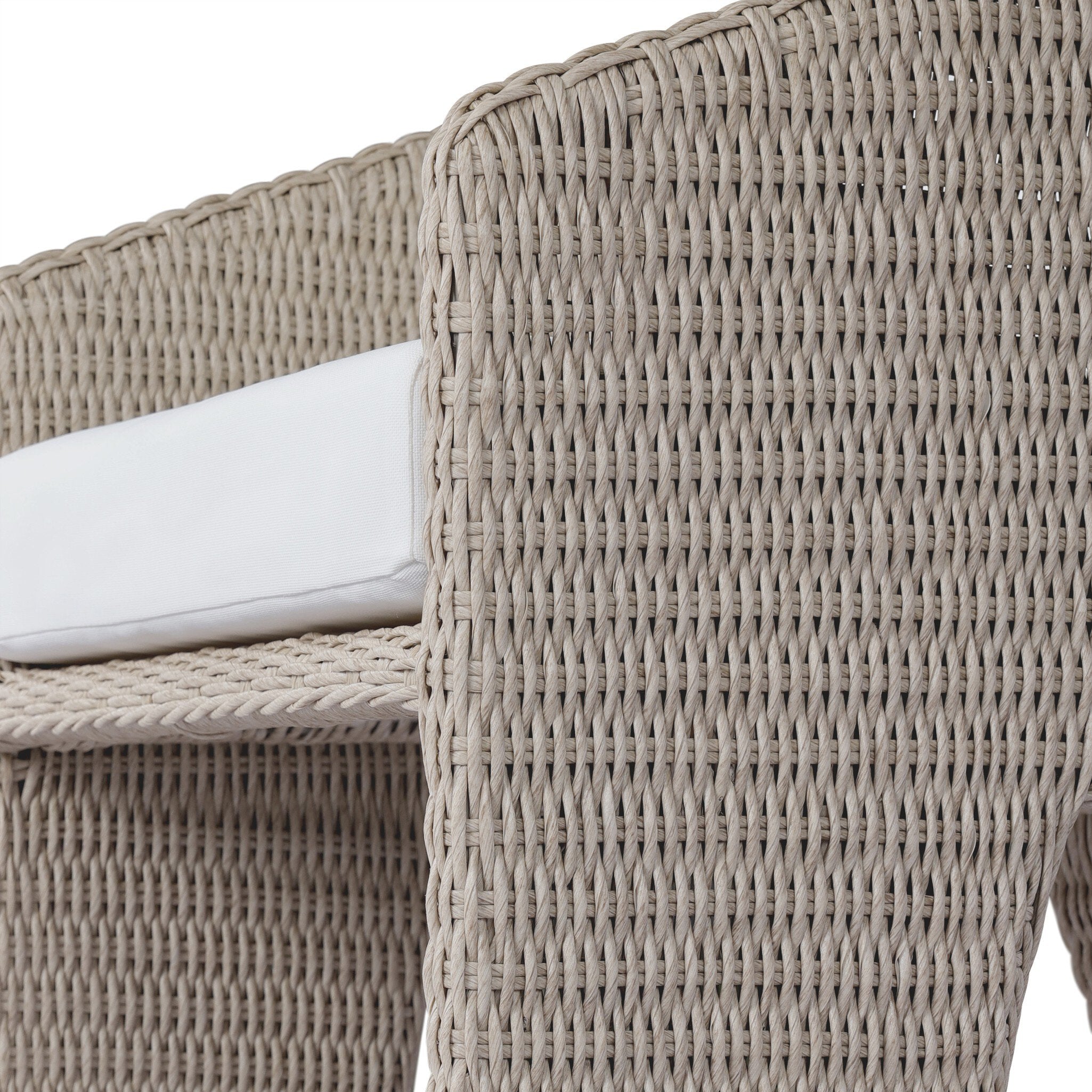 Woven detailing Fae Outdoor Dining Chair with a barrel back, three-leg base, and Stinson White Olefin cushions