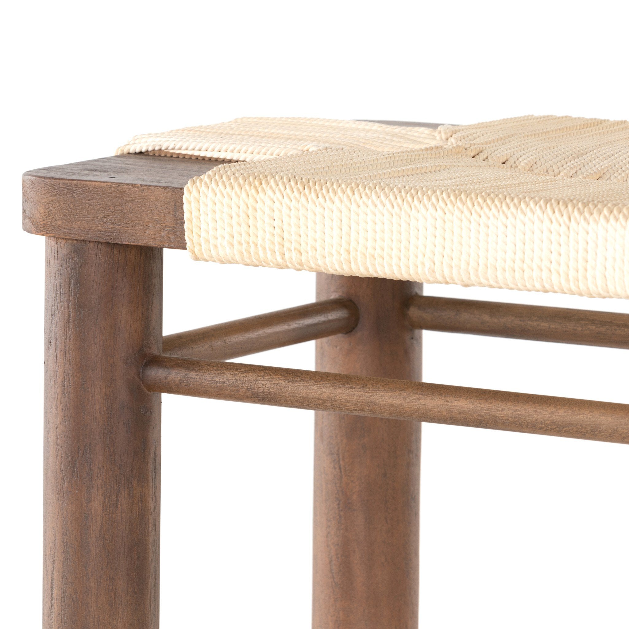 Woven detailing Shona Interior Accent Bench with a solid russet mahogany frame and handwoven vintage cotton rope seat