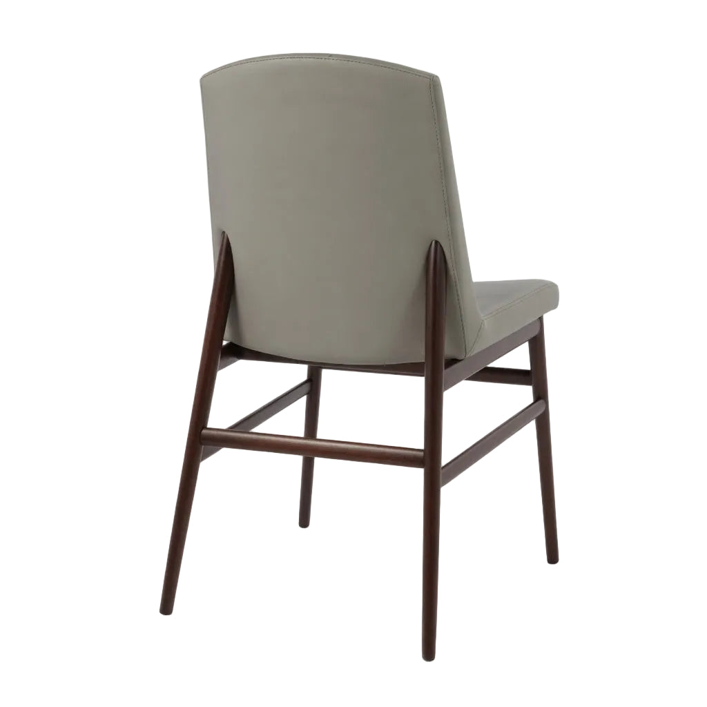 Upholstered side chair with light gray back and seat, dark brown wood base
