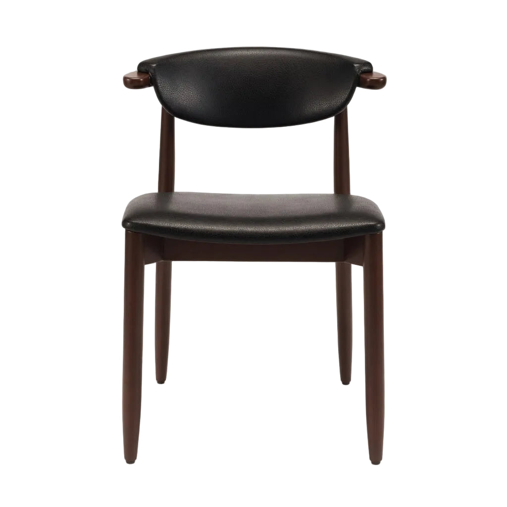 Dark brown side chair with black upholstered seat and rounded backrest, four tapered legs