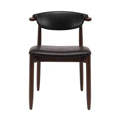 Dark brown side chair with black upholstered seat and rounded backrest, four tapered legs