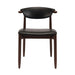 Dark brown side chair with black upholstered seat and rounded backrest, four tapered legs