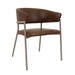 Arlo arm chair with brown leather-look seat and back, taupe metal legs