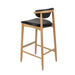 Bar stool with black upholstered seat and back, natural wood legs, crossbar footrest