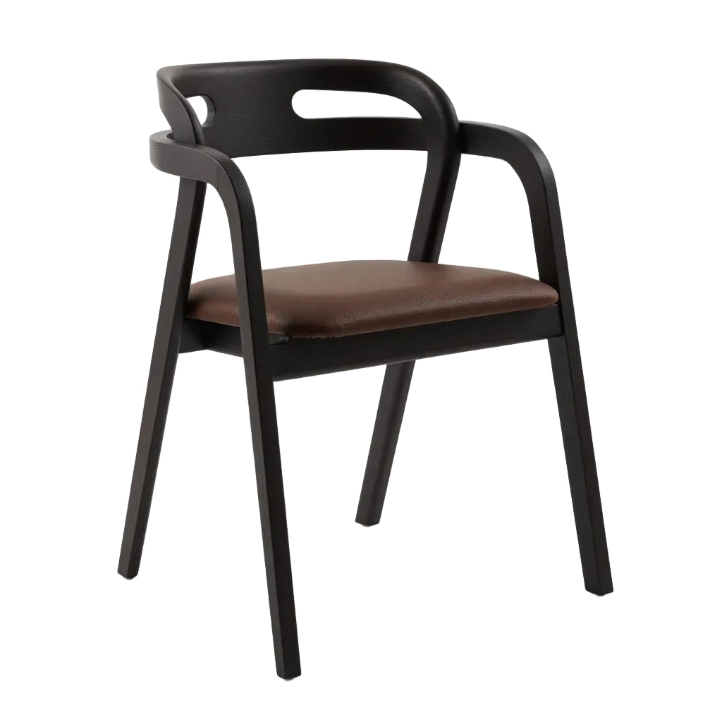 Arm chair with padded dark brown seat and back, curved armrests, smooth wood frame