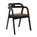 Arm chair with padded dark brown seat and back, curved armrests, smooth wood frame