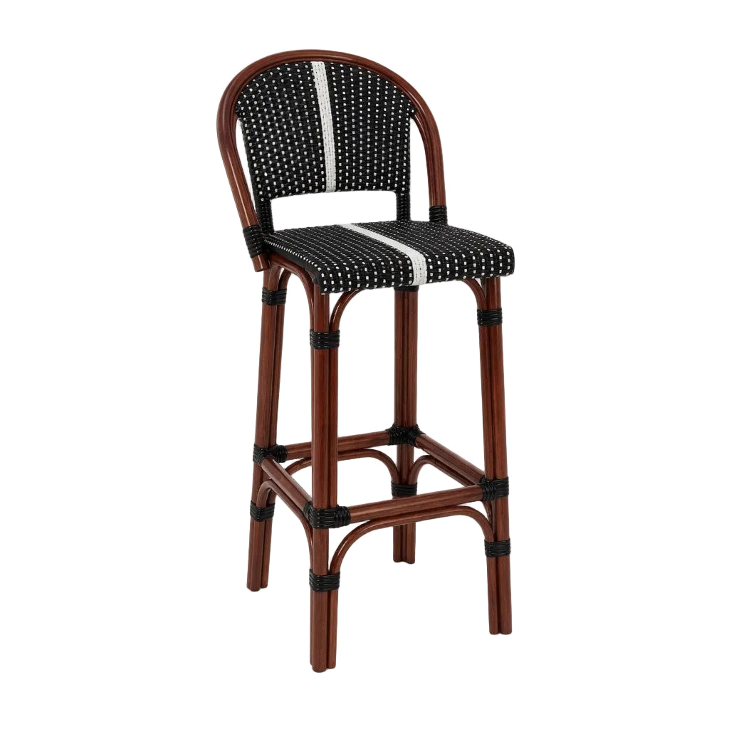 Bar stool with dark wood frame and black woven seat and back with light stripe pattern