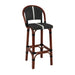 Bar stool with dark wood frame and black woven seat and back with light stripe pattern