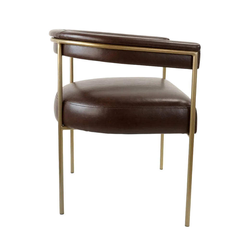 Brown leather arm chair with padded seat, rounded arms, and gold metal legs