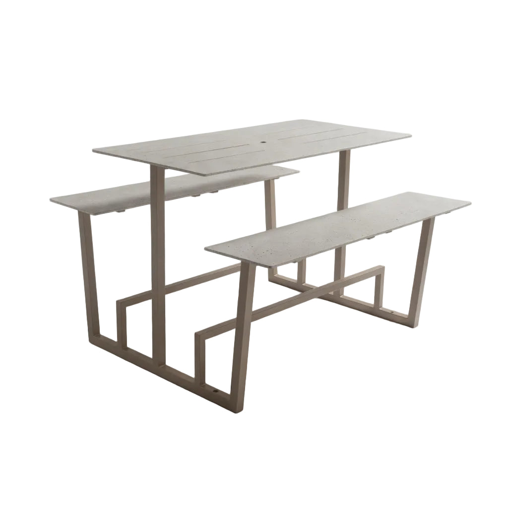 Monterey table set with concrete-look rectangular top, bench, light taupe metal frame