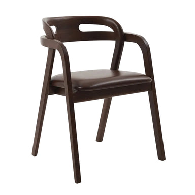 Arm chair with padded dark brown seat and back, curved armrests, solid wood frame