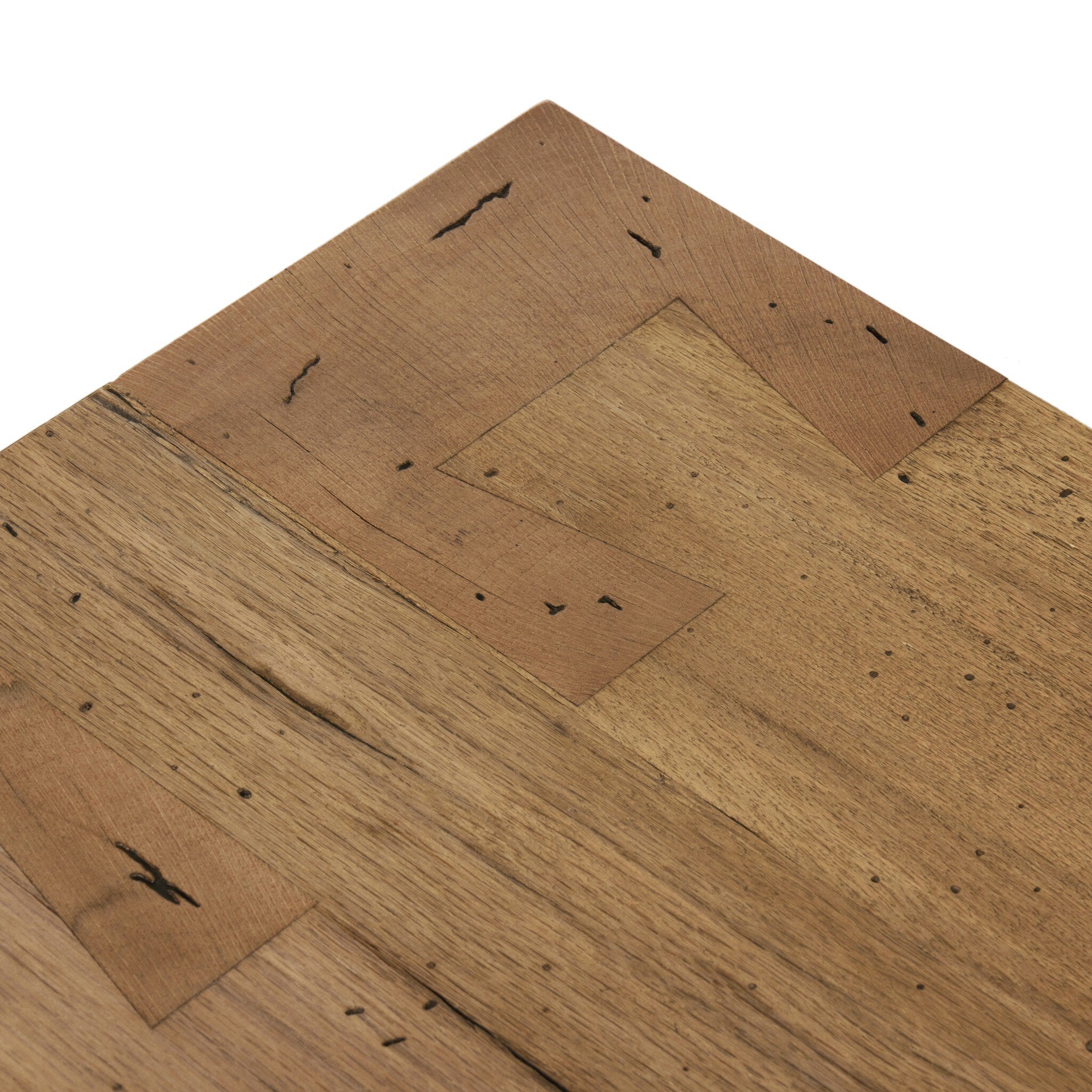 Corner detail of Abaso accent bench showing thick oak veneer and dovetail joinery construction.