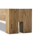 Detailed view of Abaso accent bench in rustic wormwood oak showing natural wood grain, knots, and weathered texture with chunky squared leg construction.