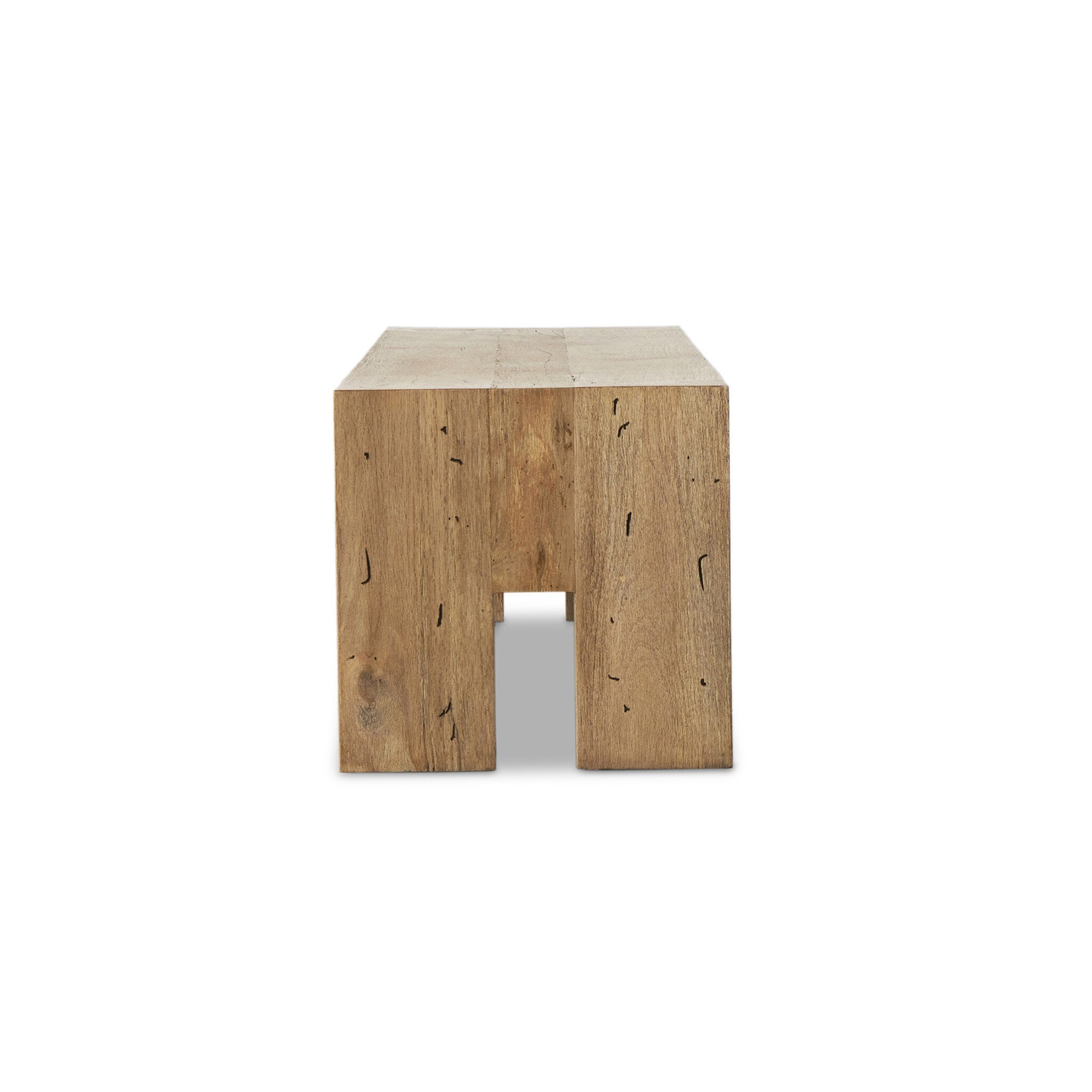 Front view of Abaso accent bench in rustic wormwood oak showing clean Parsons design, chunky squared legs, and natural wood grain with weathered finish.